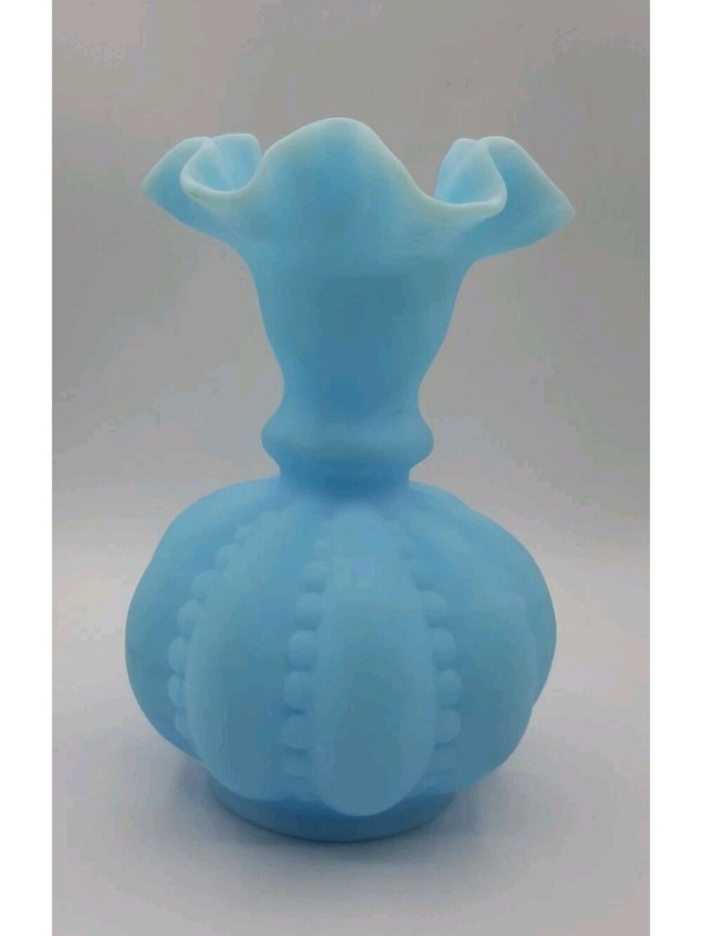 Vintage Fenton Baby Blue Satin Glass Vase Ruffled Rim Beaded Melon Style 6 In